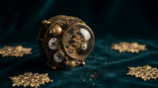 Steampunk clock with golden snowflakes on dark velvet