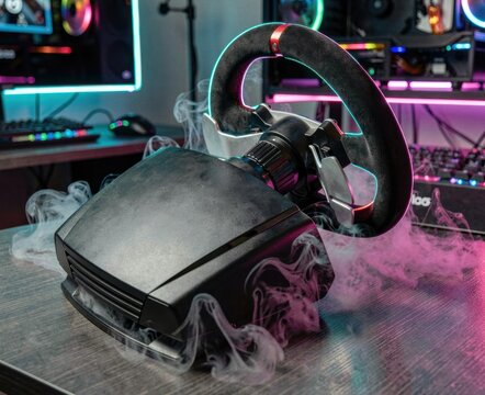 Racing simulator steering wheel with smoke effects inside room