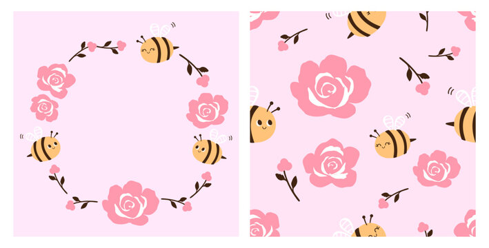 Cute seamless honey bee and pink rose pattern featuring smiling flying bees, blooming roses and delicate floral branches on a soft pastel pink background in playful hand drawn flat vector style.
