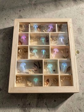 Handmade wooden shadow box containing glowing jellyfish and dried flowers