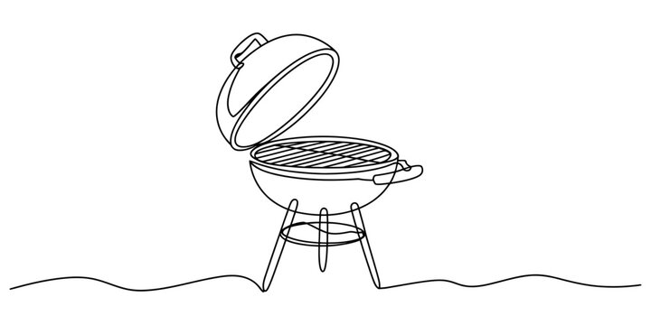 Continuous one line drawing of a BBQ grill,Continuous one line vector illustration of barbecue grill or kettle grill in minimalist line art style, BBQ cooking concept, Vector illustration of charcoal