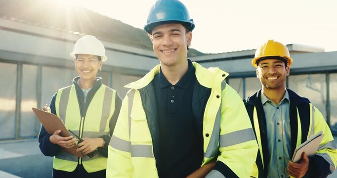 Face, team and happy with leader for construction workforce, electrical phase and engineering. Man, electrician and workers with tech, pride and inspection checklist for building renovation on flare