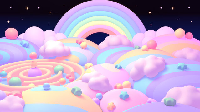 3D render of pastel dreamscape with clouds and rainbow.