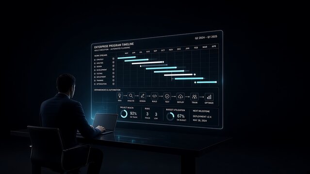 Holographic Workflow Timeline and Business Strategy Interface