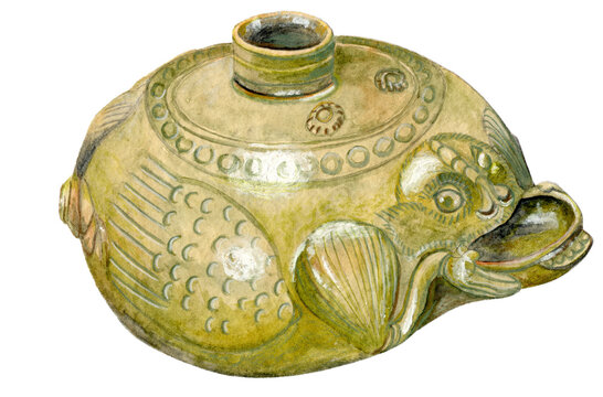 Chinese Six Dynasties Yue ware celadon water dropper, China (3rd&ndash;4th century). Zoomorphic fish-shaped water vessel with olive green glaze, Jin dynasty scholar studio object. Artwork.
