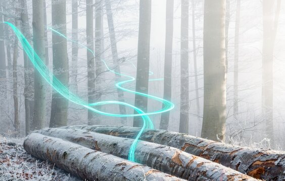 Glowing cyan energy line flowing through a misty winter forest
