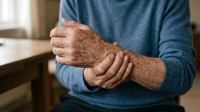 Senior person suffering from chronic wrist pain while holding their arm, showing symptoms of wrist pain and joint inflammation in an elderly man with wrist pain discomfort.