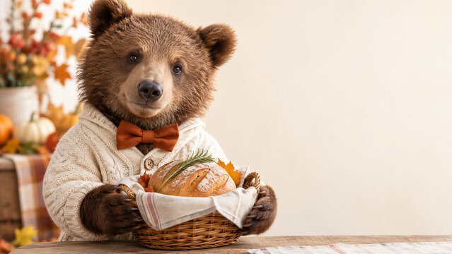 Cute brown bear cub in knitted sweater and bow tie holding wicker basket with fresh bread. Autumn background with pumpkins and colorful leaves for Thanksgiving.