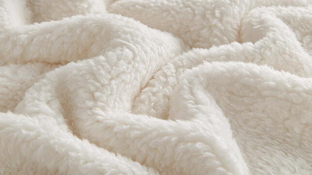 Soft white sherpa fleece fabric with gentle folds creating a warm texture. Cozy blanket background for winter and home decor concepts.