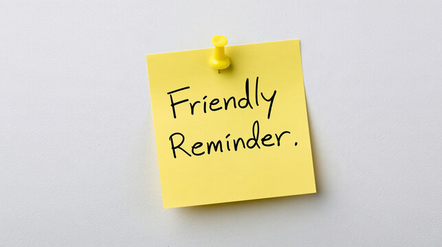 A yellow sticky note with the text Friendly Reminder pinned to a white wall. Perfect for office organization and effective business communication concepts.