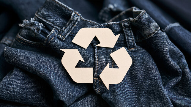 Recycle symbol placed on old blue denim jeans under bright studio lighting. Sustainable fashion concept for eco friendly clothing industry ads.