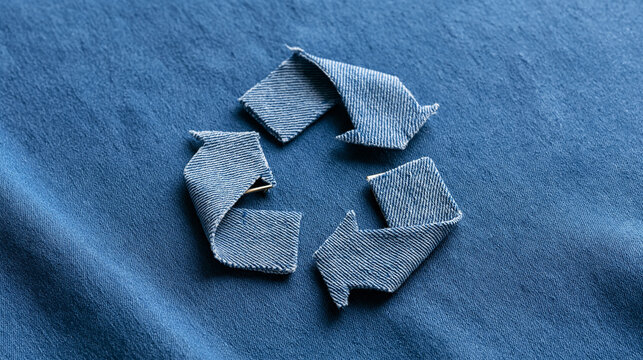 Recycle symbol made of denim fabric on blue textile background. Ideal for sustainable fashion and eco friendly clothing concepts.
