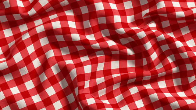 Red and white checkered tablecloth with soft fabric folds. Use this classic picnic pattern for restaurant branding or food photography backgrounds.