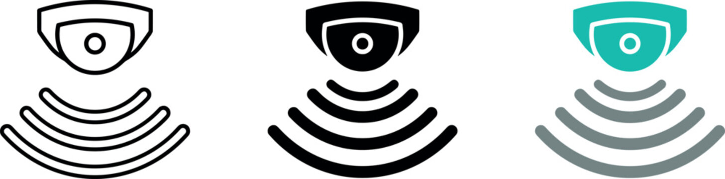 CCTV security camera, surveillance, and signal wave vector icons set for protection and monitoring systems