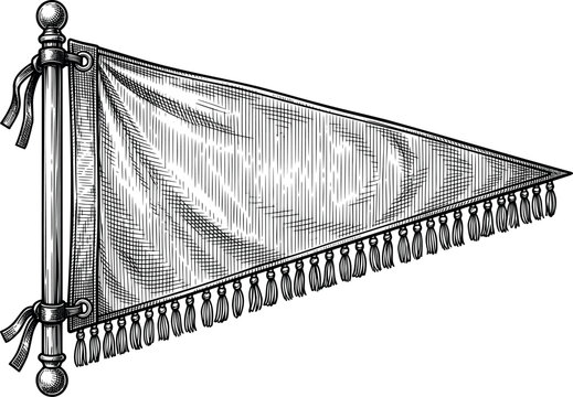 A blank triangular pennant flag with a fringed tassel edge hanging from a wooden pole drawn in detailed vintage engraving style with empty space for text on a white background