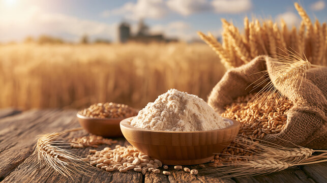 Fresh white flour in a wooden bowl with wheat grains and a burlap sack in a sunlit field. Ideal for agricultural and bakery branding concepts.