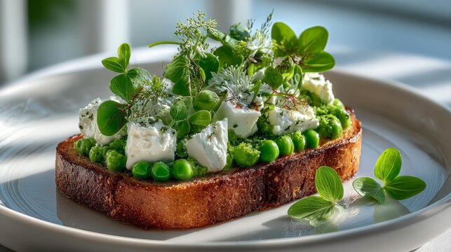 Minimalist fine dining avocado toast with peas, goat cheese, and microgreens on white plate, elegantly styled and brightly presented in a modern gourmet restaurant
