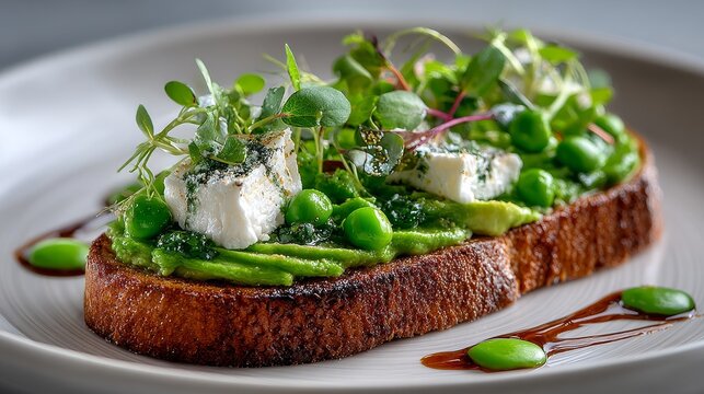 Minimalist fine dining avocado toast with peas, goat cheese, and microgreens on white plate, elegantly styled and brightly presented in a modern gourmet restaurant