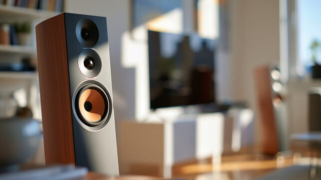 High end audio speaker system in a bright modern living room, home cinema technology concept, high fidelity sound equipment, clean minimalist interior design, immersive