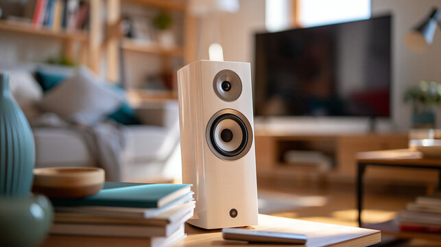 High end audio speaker system in a bright modern living room, home cinema technology concept, high fidelity sound equipment, clean minimalist interior design, immersive