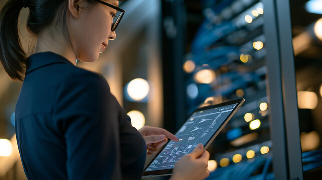 Asian female network technician viewed from behind, standing with a digital tablet computer in front of an open server rack cabinet, inspecting cable management and switch ports,