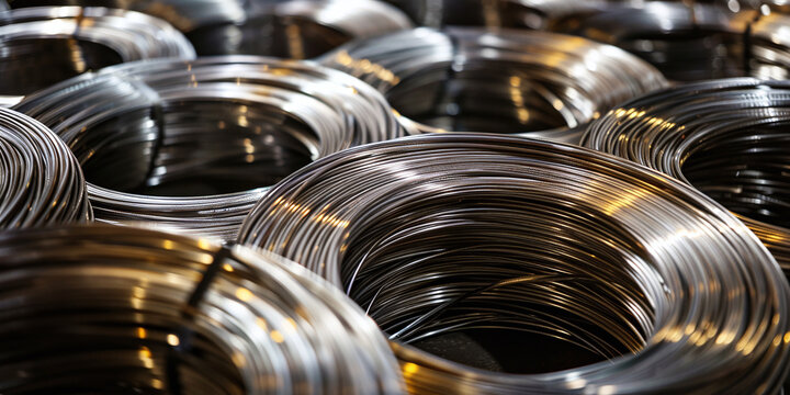 Industrial metal coils stacked in a warehouse for manufacturing and metalworking processes, capturing the heavy industry environment and raw material supply chain for construction and fabrication