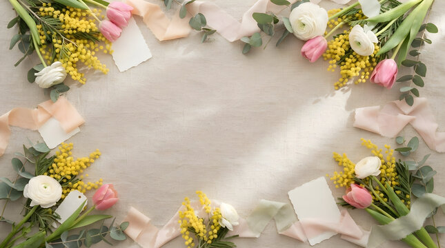 Elegant spring flower bouquet flat lay on linen background with blank card and ribbons for mothers day greeting