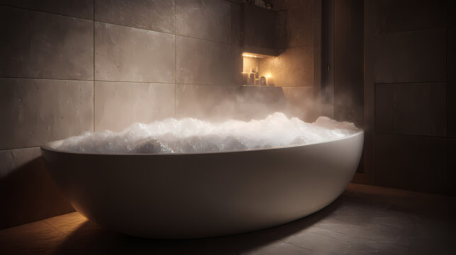 Bathtub filled with thick white foam rests in a dark tiled bathroom illuminated by warm accent lighting.