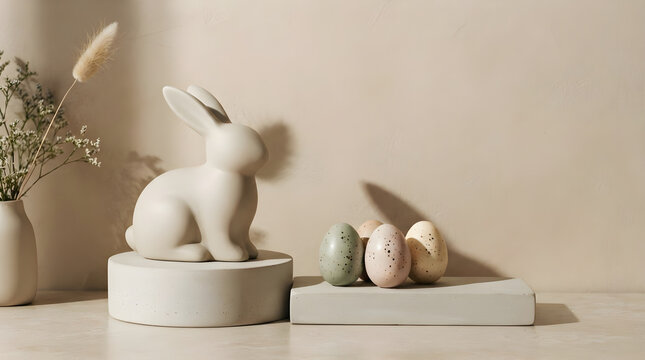 Minimalist 3D Easter bunny figurine with pastel speckled eggs on stone podiums for modern spring holiday decor