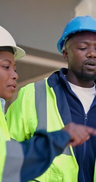 Construction, team and tablet with site inspection, phase evaluation or point for defect management. People, architect and electrician on tech for building safety, service routing or clash detection
