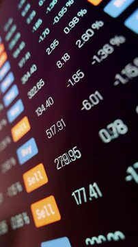 High-frequency trading, screen with stock market data, fast changing buy and sell signs, trading session. Financial markets, trading board, stockbroker, risk, up and down, volatile market.