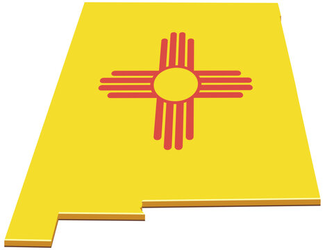 Three-dimensional geographical map silhouette of New Mexico state featuring the iconic Zia sun flag symbol, representing southwestern heritage and regional pride (cut out)