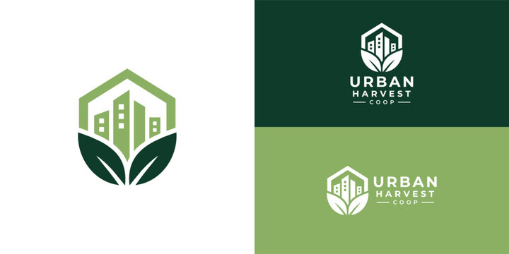 A green hexagon logo with dark leaves below a light green city skyline. It represents sustainable urban farming, ecological integration, and fresh city produce.