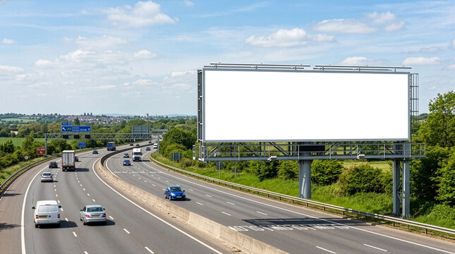 Blank outdoor billboard mockup situated next to a multi-lane freeway on a sunny day. A highly realistic setting for presenting billboard artwork, commercial messaging, and outdoor advertising.