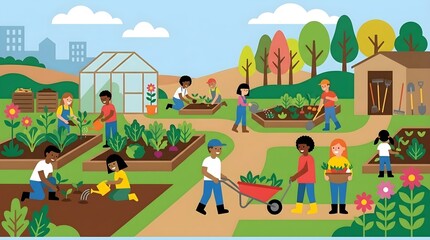 Naklejka premium Diverse community people gardening together in organic vegetable garden