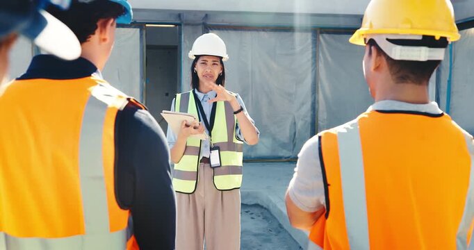 Team, supervisor and tablet in meeting for construction toolbox talk, task delegation or policy. Site manager, workers or woman with tech for induction, building update or safety briefing on worksite