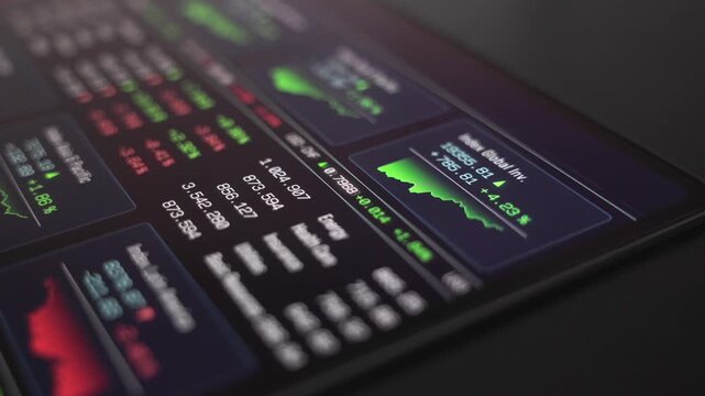 Close-up laptop screen, trading board, stock market data, index chart up and down, price information. Financial market, sector data, trading volume, investment, bull market, chart moving up.