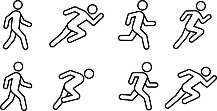 Running and walking stick figure vector icon set showing steps of movement animation sequence