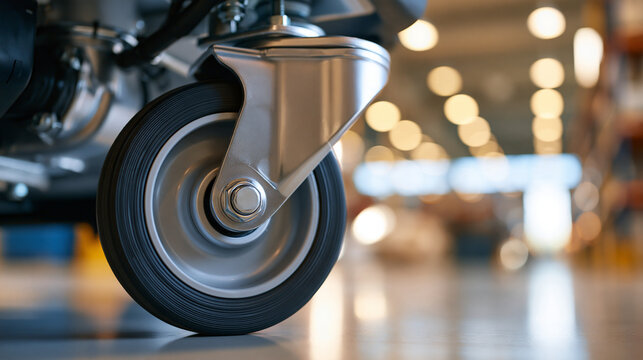 Detailed view of a heavy duty industrial caster wheel with a black rubber tire, bright modern workshop, silver metal bracket, concrete floor setting, industrial equipment concept,