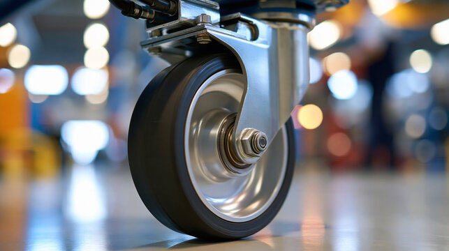 Detailed view of a heavy duty industrial caster wheel with a black rubber tire, bright modern workshop, silver metal bracket, concrete floor setting, industrial equipment concept,