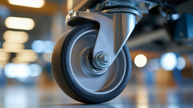 Detailed view of a heavy duty industrial caster wheel with a black rubber tire, bright modern workshop, silver metal bracket, concrete floor setting, industrial equipment concept,