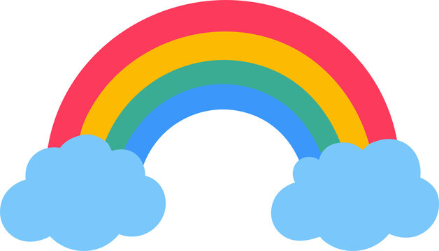 Cute colorful rainbow arch with blue clouds clip art vector illustration isolated on transparent background.