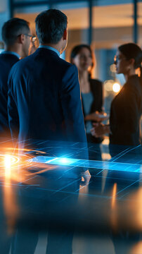 Group of european professionals viewed from behind, standing together watching a glowing digital progress bar, bright modern office, teamwork and technology concept, clean