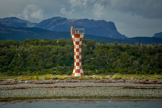 Checkered Lighthouse on Beagle Channel Shore Patagonia