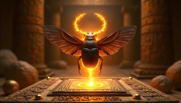 Glowing mythical scarab beetle hovering above an ancient stone altar inside an Egyptian temple with dramatic fiery energy