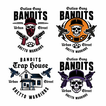 Daring logo collection themed around outlaw gangs with elements like skulls, guns, and urban motifs, capturing the essence of street culture and rebellion.