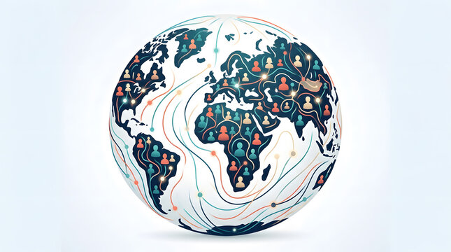 Abstract world map with global network connections and avatars
