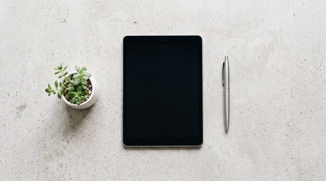 Minimalist flat lay workspace with digital tablet, silver pen, and small potted succulent on a concrete background with copy space