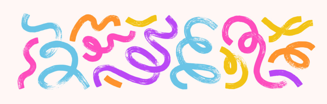 Abstract line brush, paint elements set. Doodle design elements, line brush strokes, patterns. Abstract wavy paint patterns, organic flow waves, fun curves. Modern swirl color shapes. Vector art