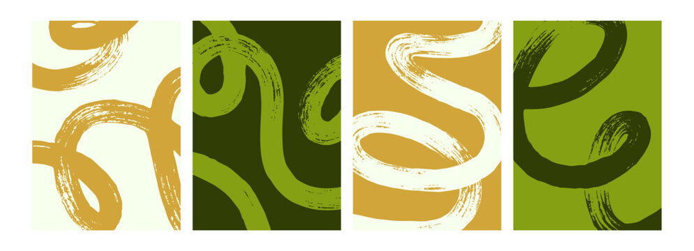 Modern creative card designs with abstract brushstrokes, curves. Poster backgrounds with paintbrush swirls, loops, curvy paint brush strokes and phrases, quotes, typography. Flat vector illustrations